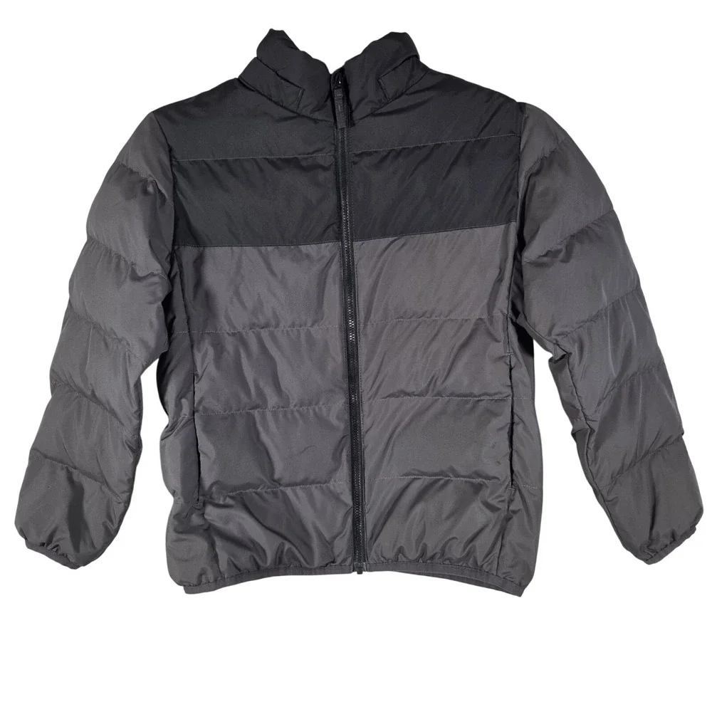 Uniqlo‎ Puffer Jacket Kids Size 7-8 Gray Black Colorblock Padded Winter Coat